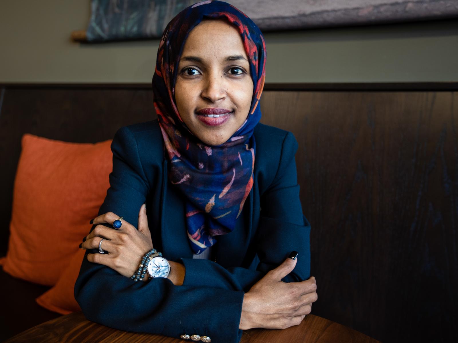 Representative-elect Ilhan Omar, a Democrat from Minnesota and one of the first muslim women to enter the Congress, poses for a portrait during an interview at a local cafe in Washington DC. Representative-elect Ilhan Omar will be sworn in next month. Photo by Eman Mohammed for Buzzfeed 