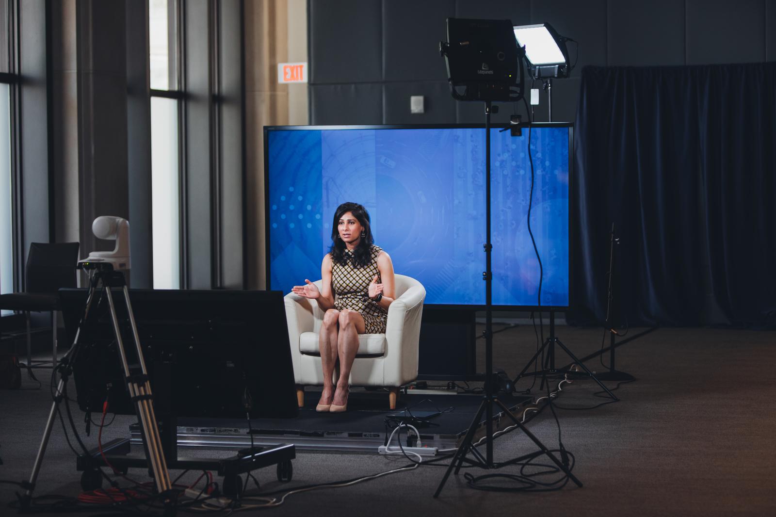 Chief Economist Gita Gopinath speaking during an interview with BBC during the 2021 Spring meetings at the International Monetary Fund in Washington, D.C., on April, 2020. IMF Photo/Eman Mohammed Washington United States