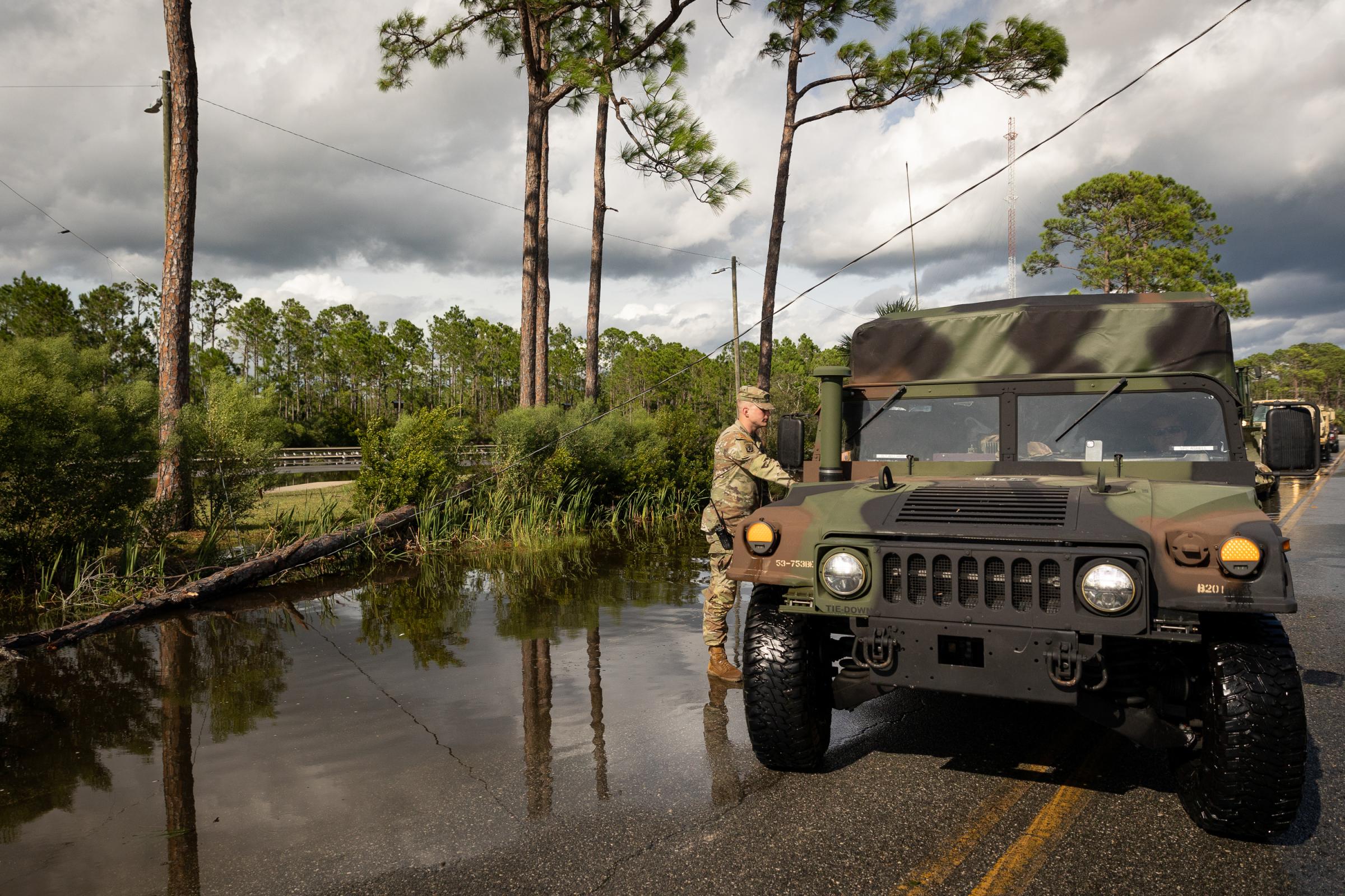 Hurricane Idalia hits Florida - Army members patrol in Keaton Beach, where Hurricane...