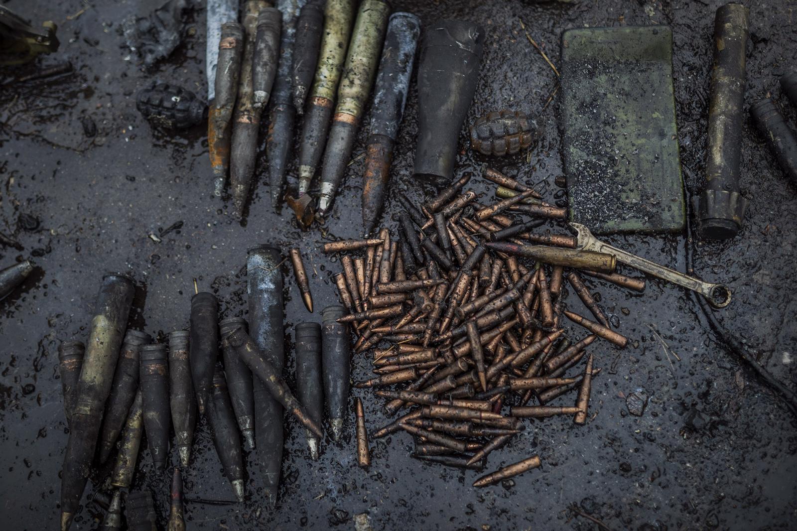 THE BUCHA MASSACRE - Ammunition recovered by Ukrainian security forces from...