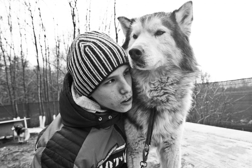  A child with a husky dog during canistherapy session in Moscow 