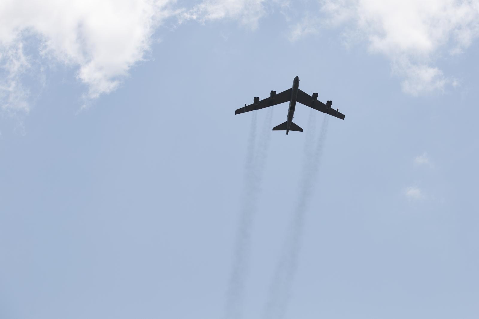 Image from Flintlock 2023 - An U.S. Air Force B.52 bomber flies over combat drills...