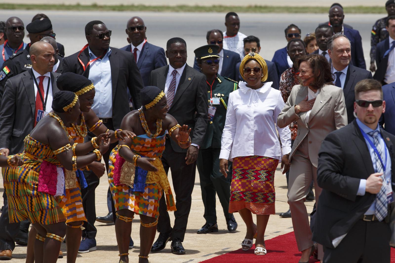U.S. Vice President Kamala Harris Visit To Ghana - U.S. Vice President Kamala Harris is greeted by...
