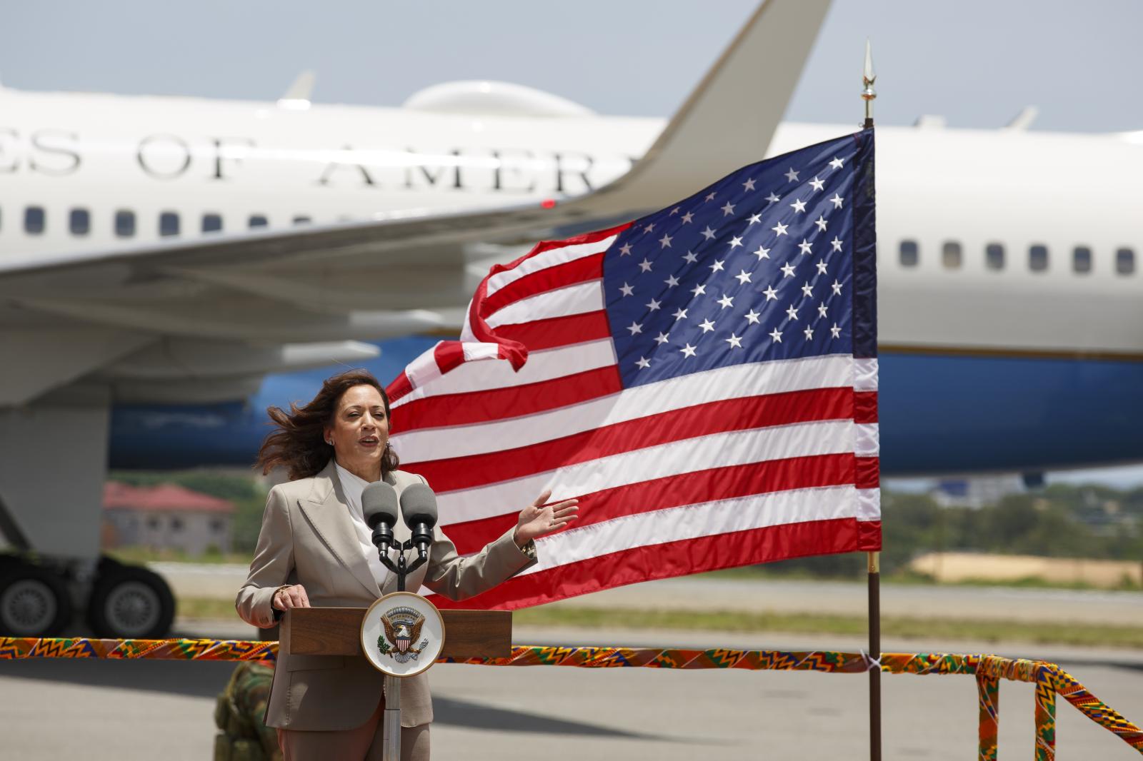 Image from U.S. Vice President Kamala Harris Visit To Ghana - U.S. Vice President Kamala Harris speaks after arriving...