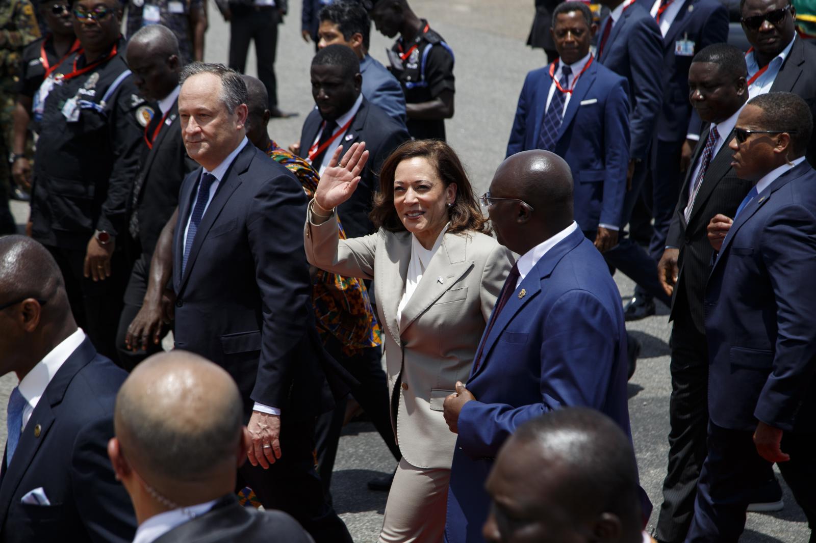 U.S. Vice President Kamala Harris Visit To Ghana - U.S. Vice President Kamala Harris waves as she arrives in...