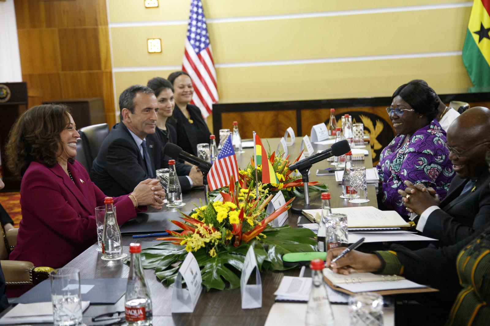 Image from U.S. Vice President Kamala Harris Visit To Ghana - U.S. Vice President Kamala Harris, left, takes part in a...
