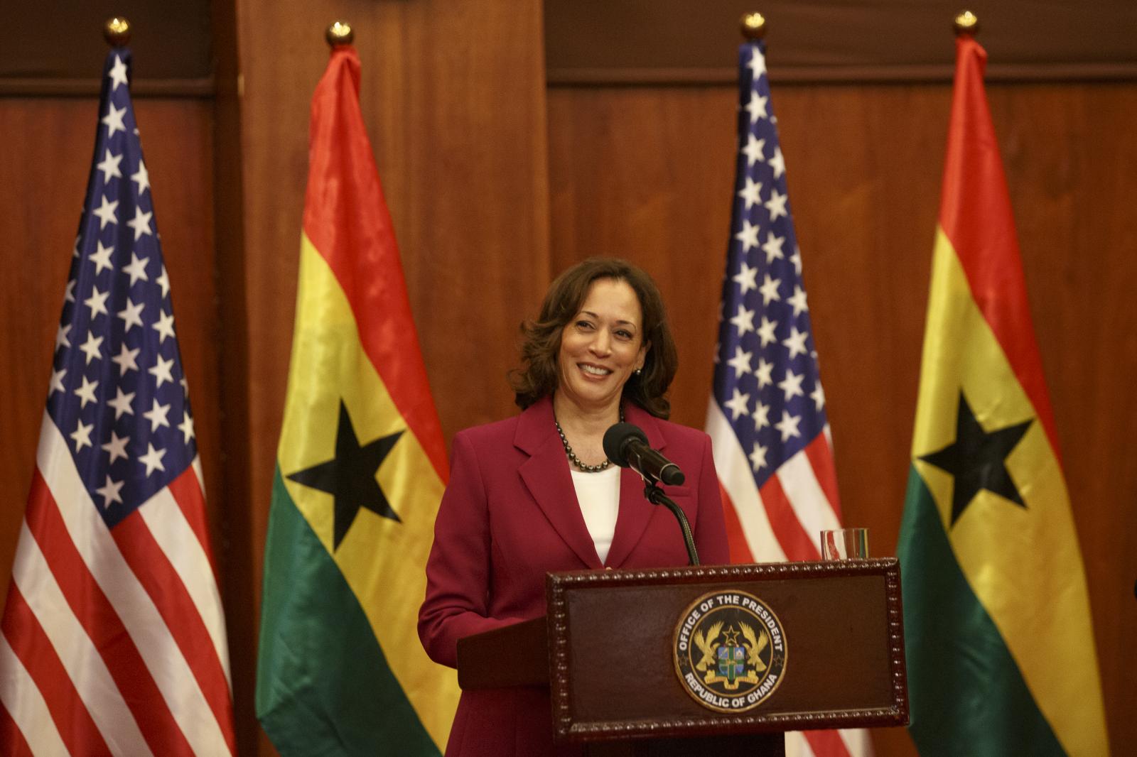 Image from U.S. Vice President Kamala Harris Visit To Ghana - U.S. Vice President Kamala Harris addresses a news...