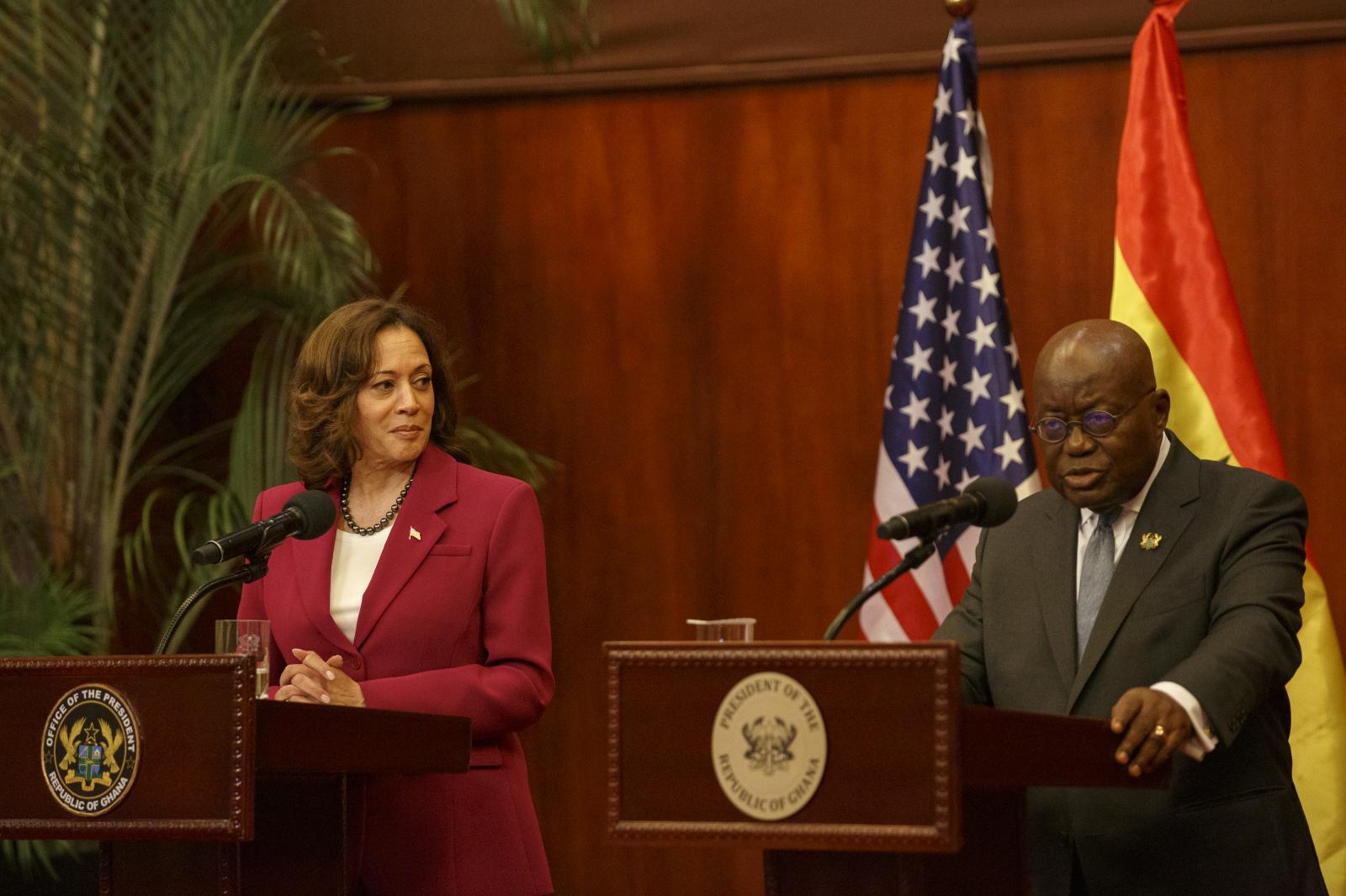 U.S. Vice President Kamala Harris Visit To Ghana - U.S. Vice President Kamala Harris addresses a news...