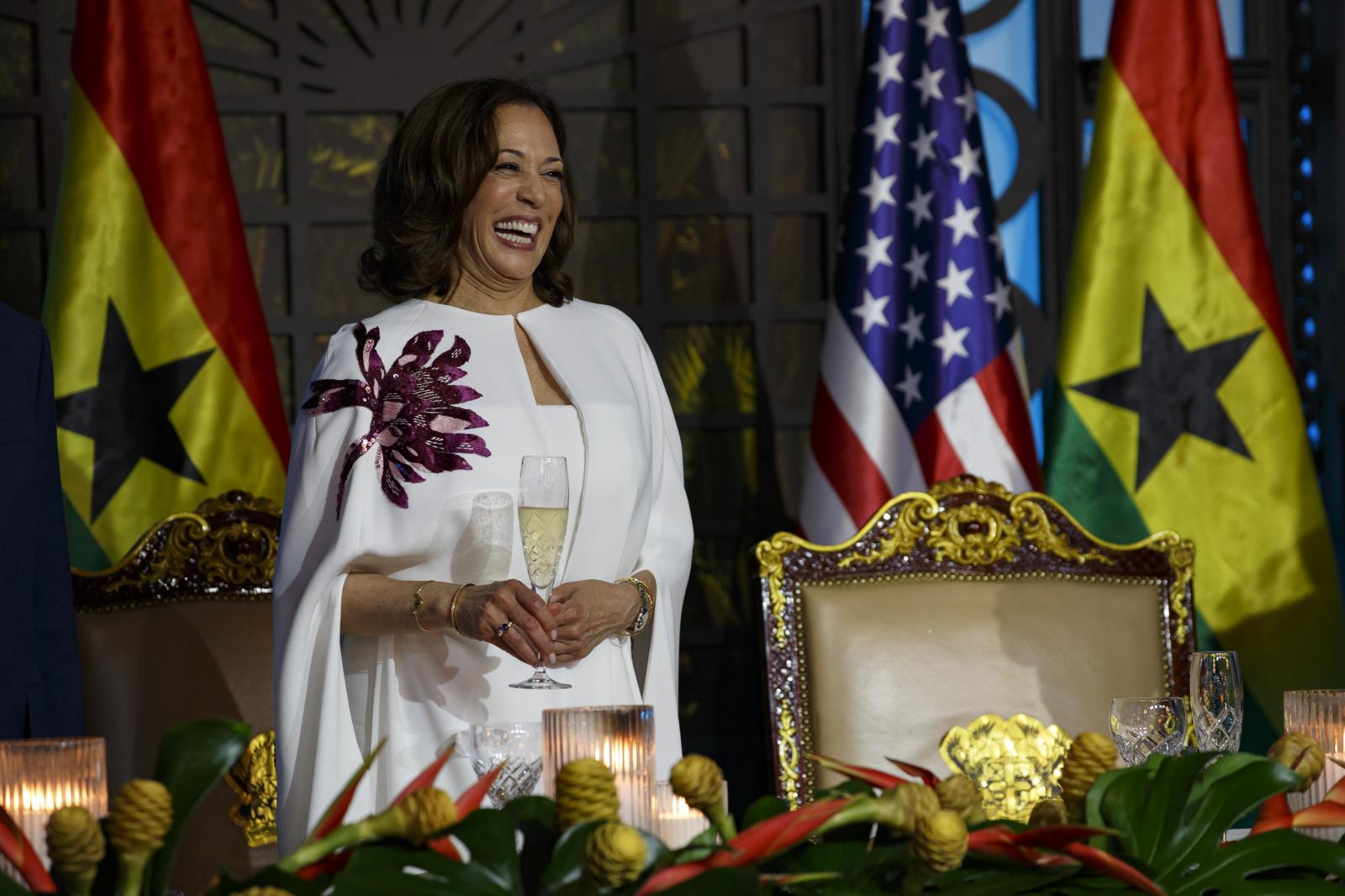 U.S. Vice President Kamala Harris Visit To Ghana - U.S. Vice President Kamala Harris laughs during a state...
