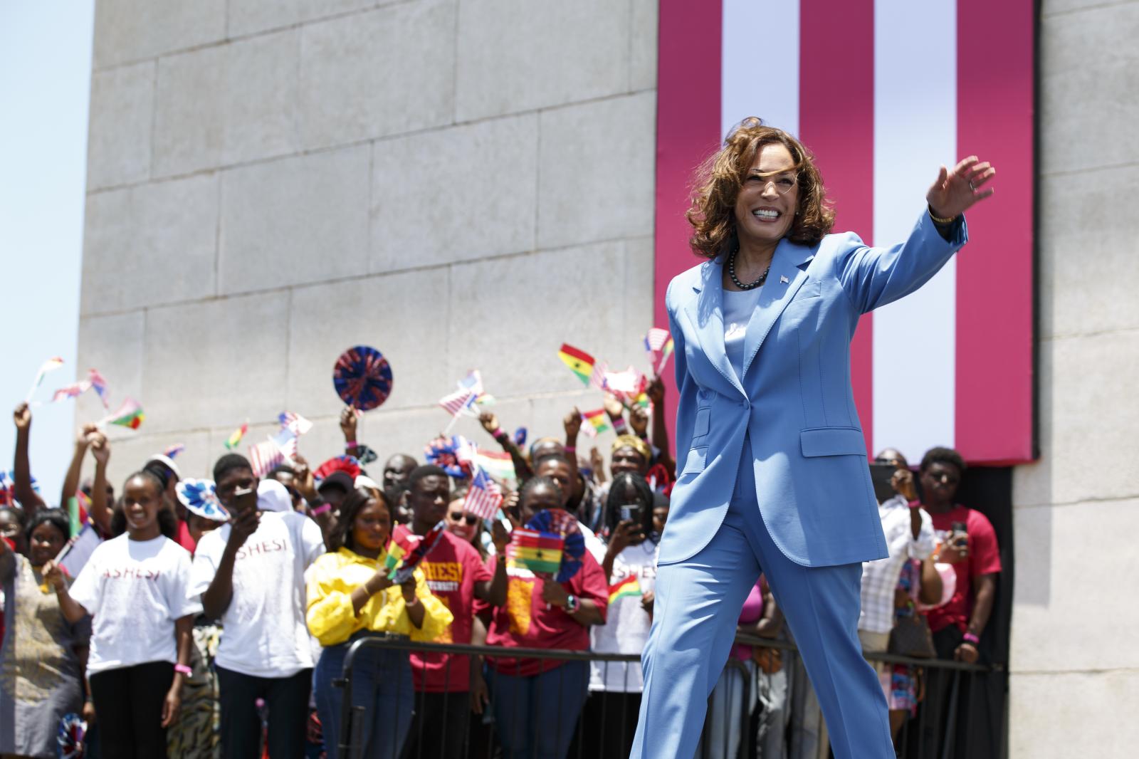 U.S. Vice President Kamala Harris Visit To Ghana - U.S. Vice President Kamala Harris waves as she arrives at...