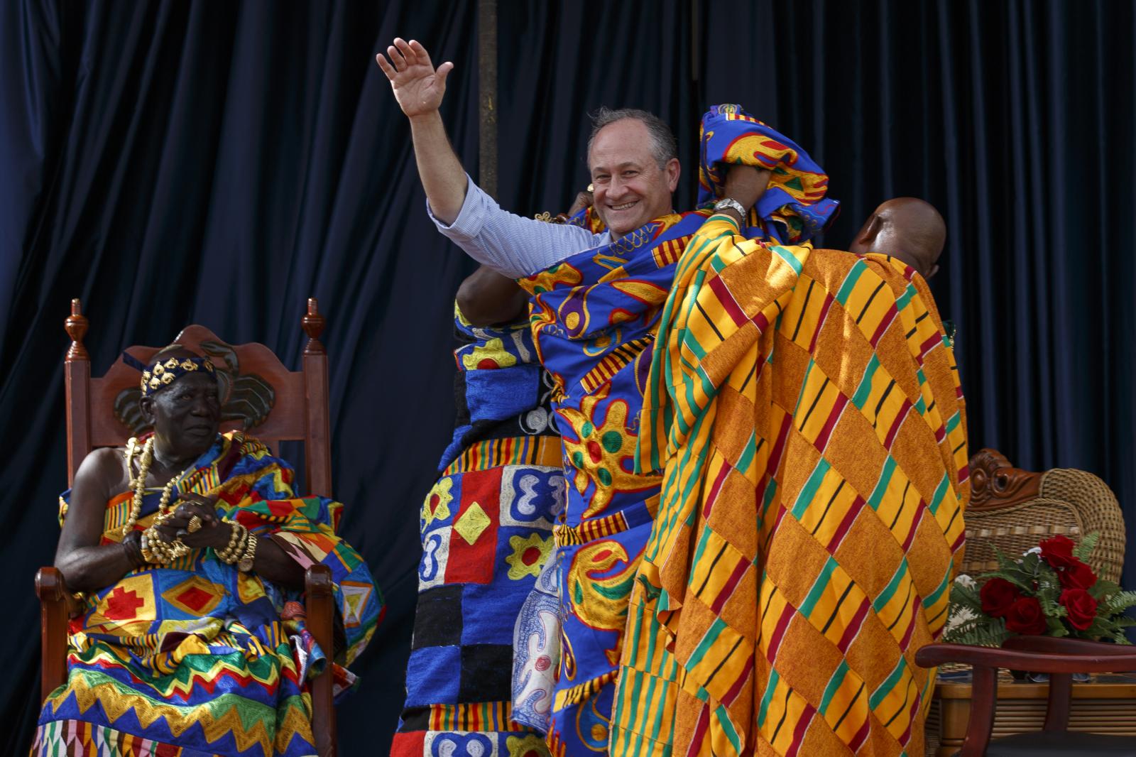 U.S. Vice President Kamala Harris Visit To Ghana - U.S. Second Gentleman Douglas Emhoff wears a traditional...