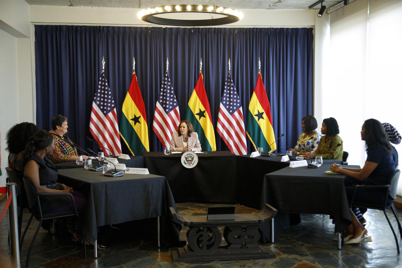 Image from U.S. Vice President Kamala Harris Visit To Ghana - U.S. Vice President Kamala Harris, centre, conducts a...