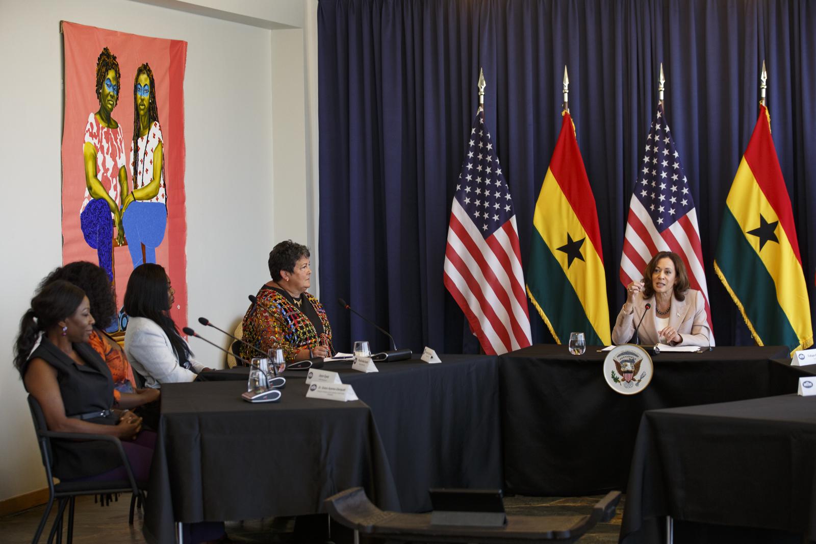 U.S. Vice President Kamala Harris Visit To Ghana - U.S. Vice President Kamala Harris conducts a roundtable...
