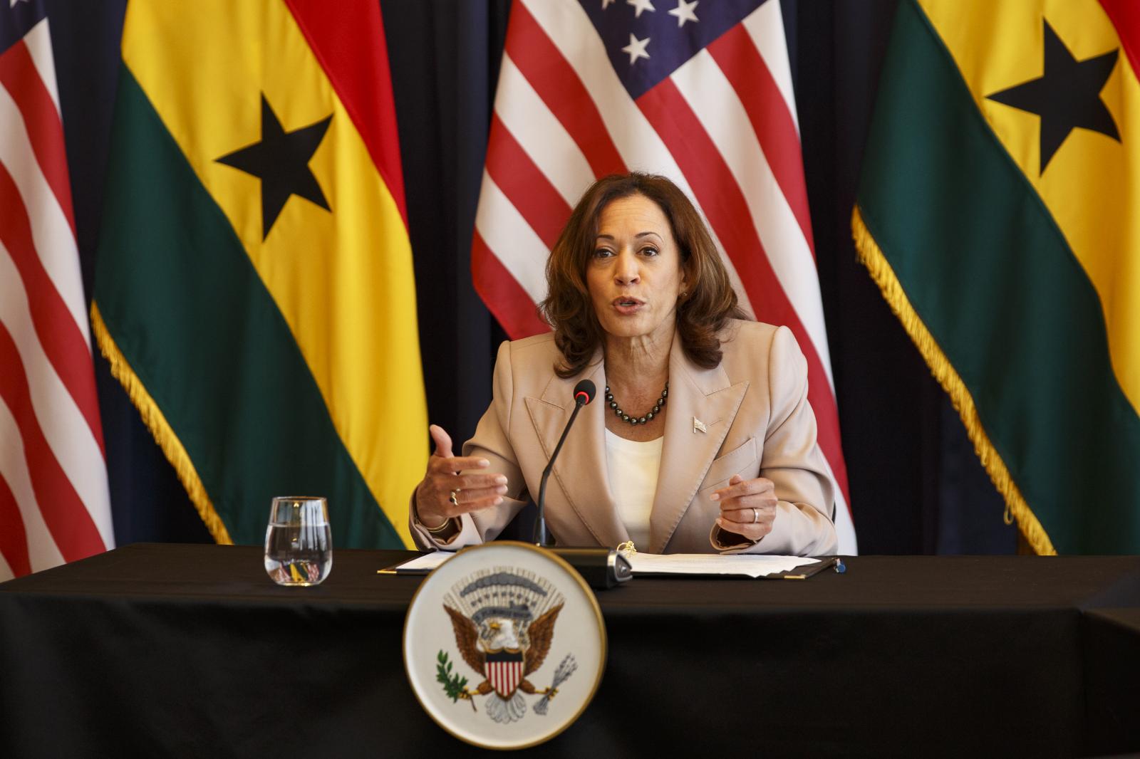 U.S. Vice President Kamala Harris Visit To Ghana - U.S. Vice President Kamala Harris conducts a roundtable...