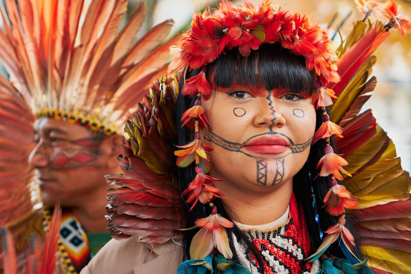 Gathering in Paris by tribal leaders from the Amazon rain forest in Brasil | Buy this image