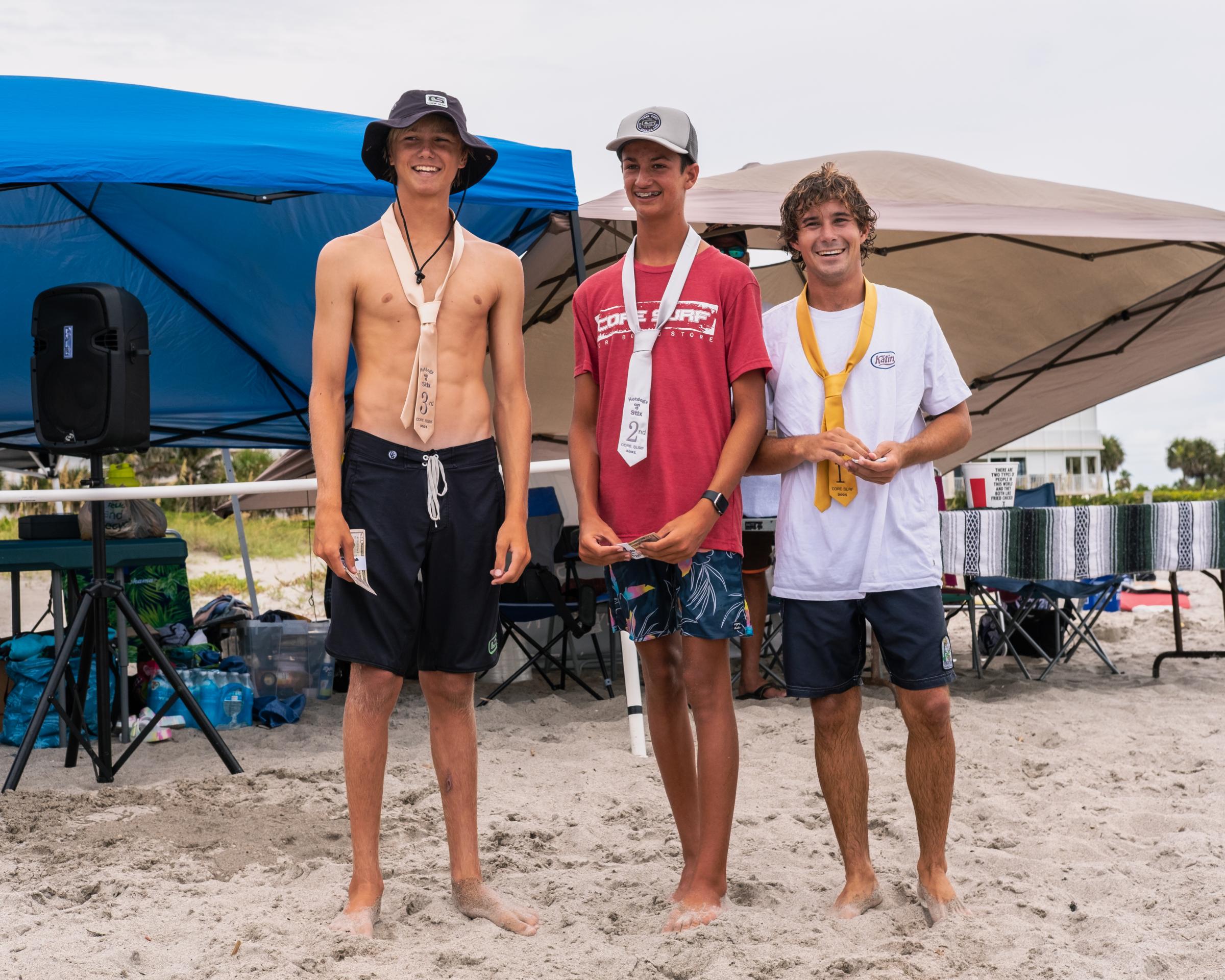Cape Canaveral, FL. Hotdogzonastix Surf Contest July 2021 -  (L-R) Shane Konrad 3rd place, Gavin Idone 2nd place,...