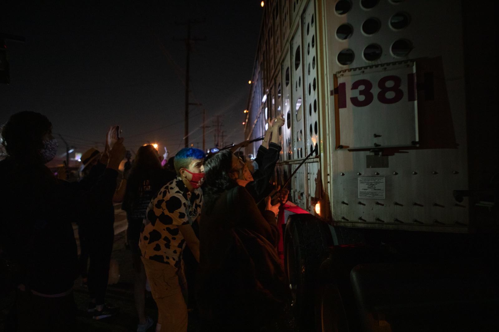 Activists approach a truck to f...d under the Farmer John label. 
