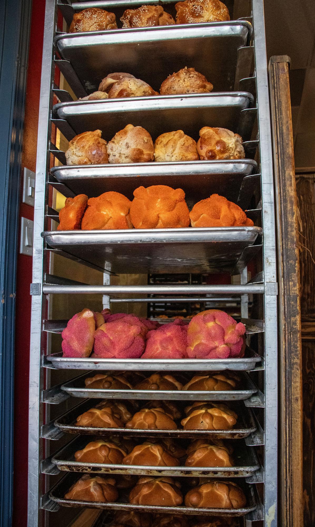 Dia de los Muertos - Rows of Pan de Muerto, coated in sesame seeds, sugar and...