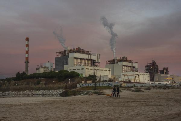 A couple walks with their dog in the bay of Ventanas near the AES Geners thermoelectric plant | Buy this image