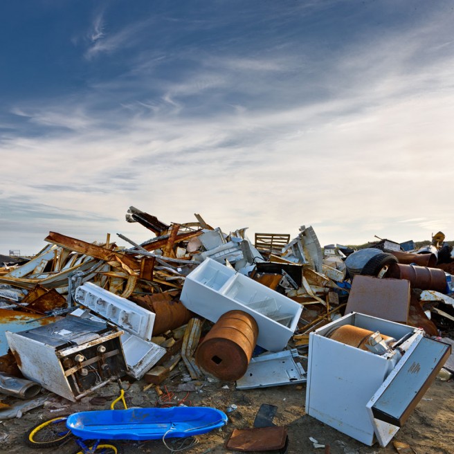 Piles of scrap metal and household appliances.