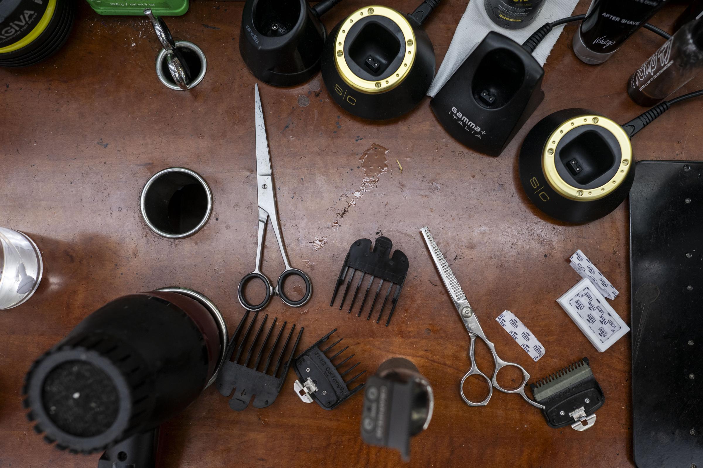 Barbershops - August 24, 2023, Boston, MA:Barber tools lay about in...