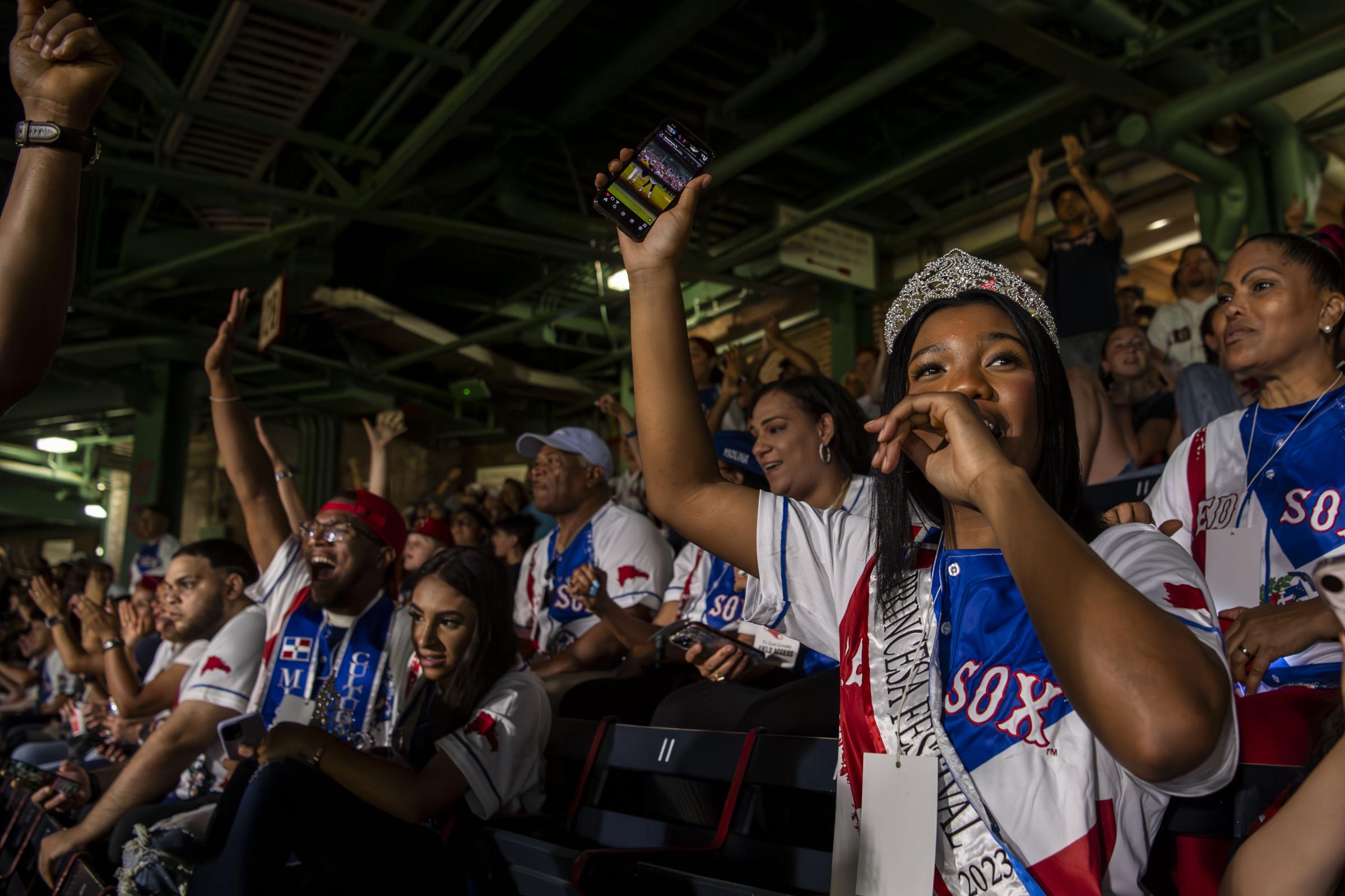 Fenway Park - August 10, 2023, Boston, MA:Dominican fans react during...