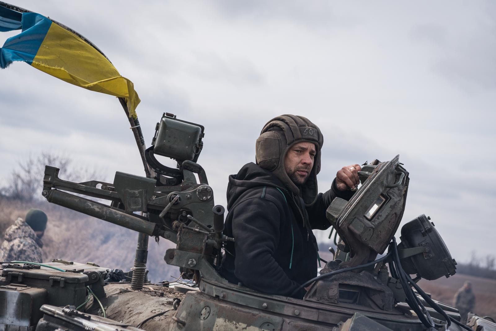 Ukraine: Second year of war - KHARKIV, UKRAINE: Members of the 3rd Iron Tank Brigade during a training near the frontline in...