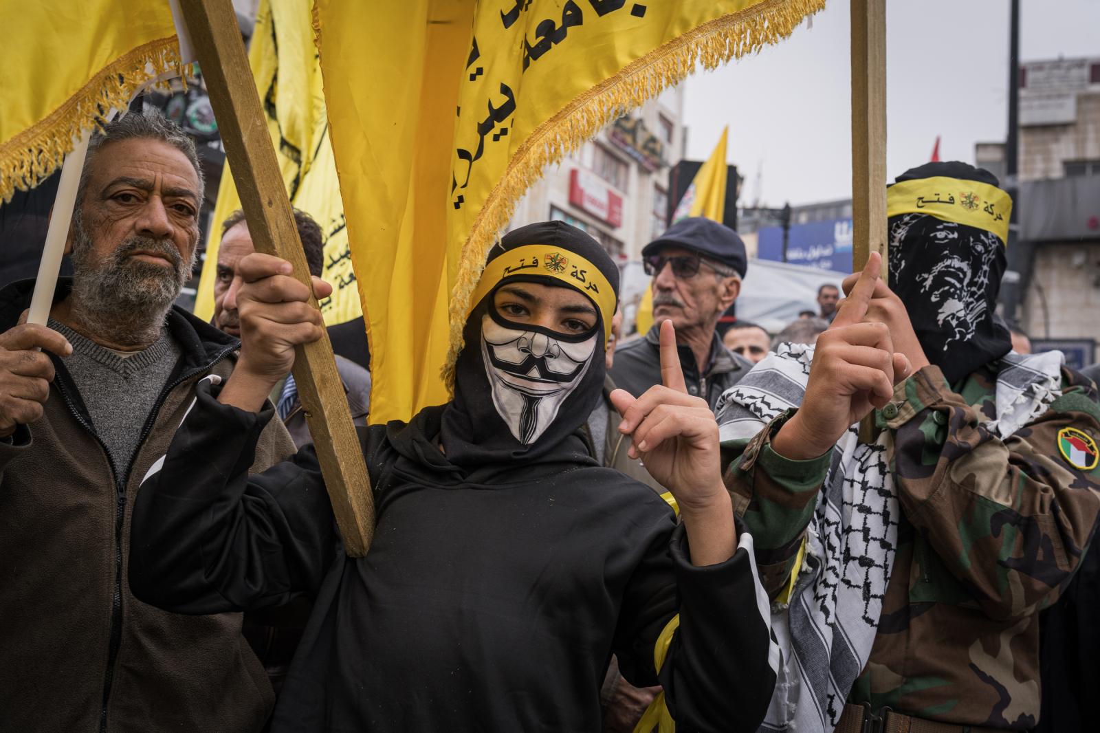 Israel, an announced war - Members of Fattah during a demonstration in support of Gaza in the city of Rammallah, Palestine.  