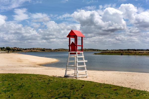 Climate Change Hits Southern Europe - Portugal, Alqueva, 2022/05/15. Lifeguard station on...