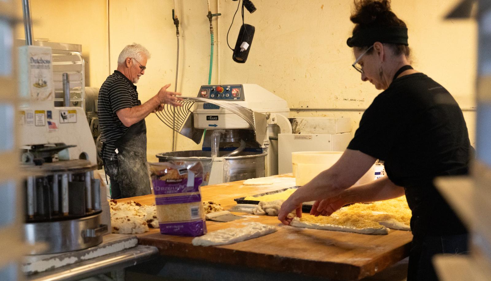 Johanna prepares dough as Paul ...vel&rsquo;s Backerei today.