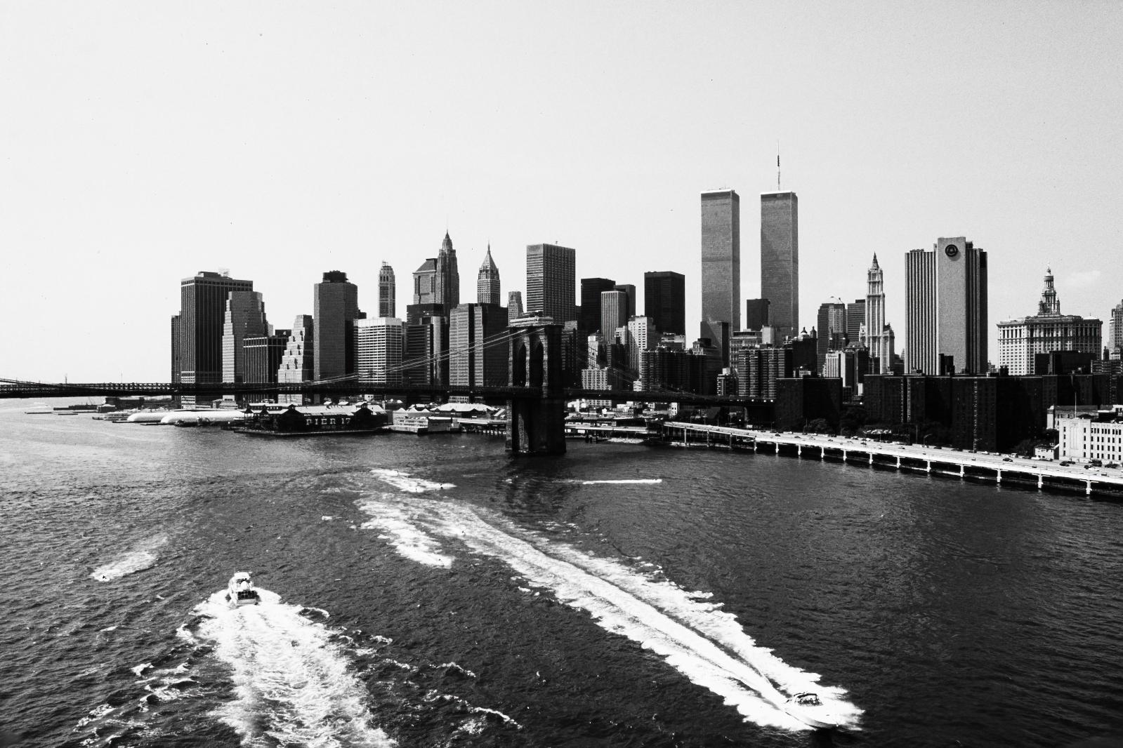 9/11 - August 2001, the view of Downtown Manhattan and East...
