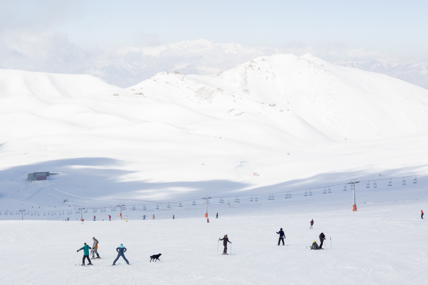  Scattered skiers and a dog are photographed at the Tochal resort in the Alborz Mountains north of Tehran. Iran. December 29, 2014 