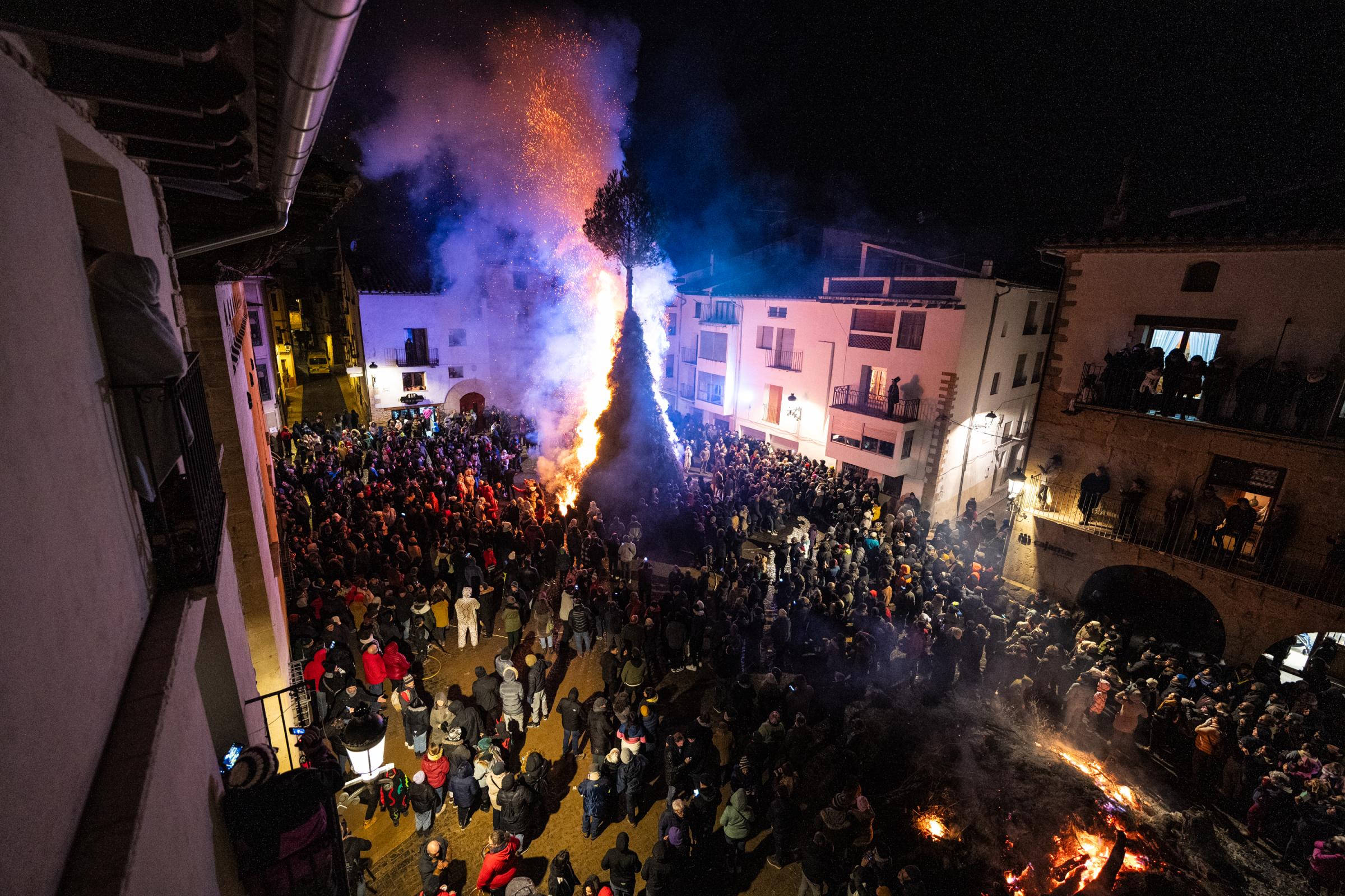 Spanish Villagers Celebrate The Santantona de Forcall, A Medieval Fire Festival - FORCALL, SPAIN - JANUARY 19: General view of the burning...