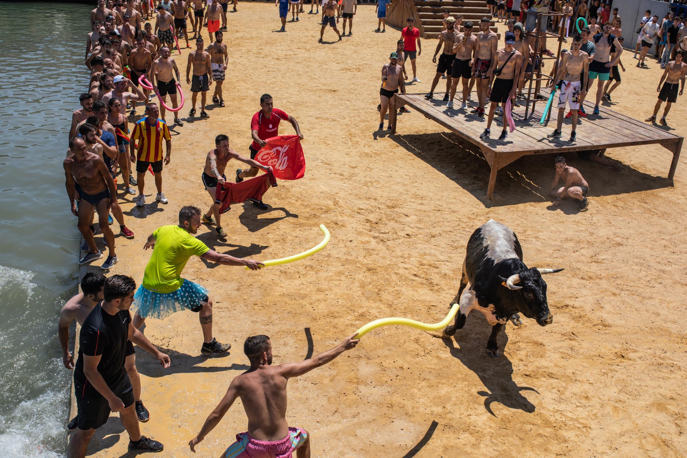 At 'Bous A La Mar', Revelers Take Plunge To Dodge Bulls And Beat The Heat - DENIA, SPAIN - JULY 17: Participants have fun with the...