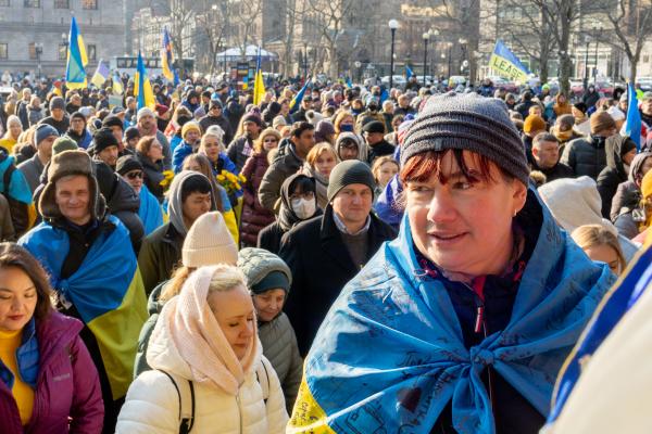 Demonstrators Gather at Copley Square in Support of Ukraine, Exactly a Year Since Russia's Invasion