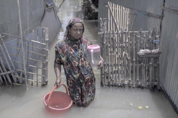Image from Salt Water's Roar -   A woman walks through floodwaters carrying a jar to...