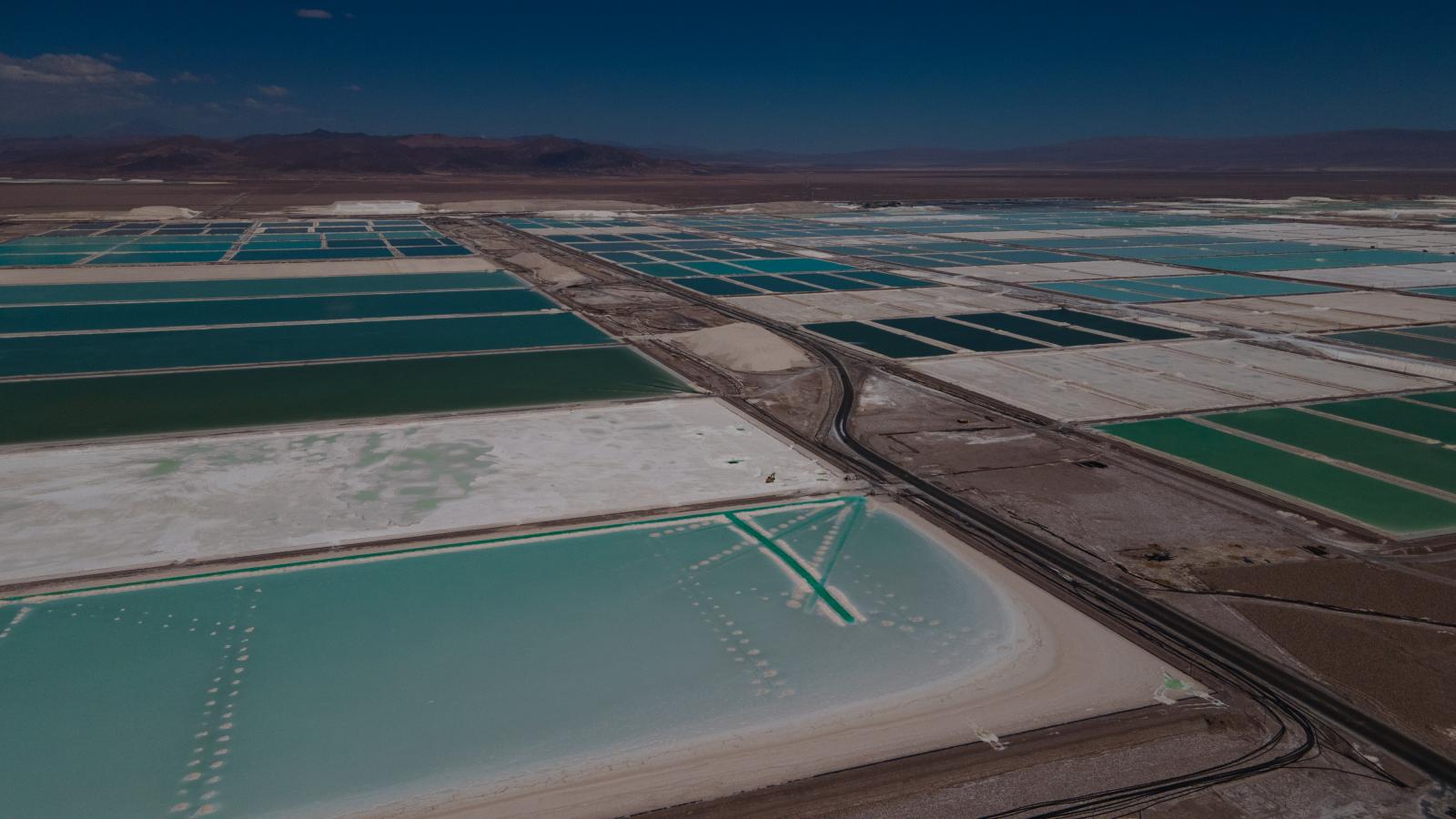 Aerial view of SQM mining compa...e found. Salar de Atacama Chile