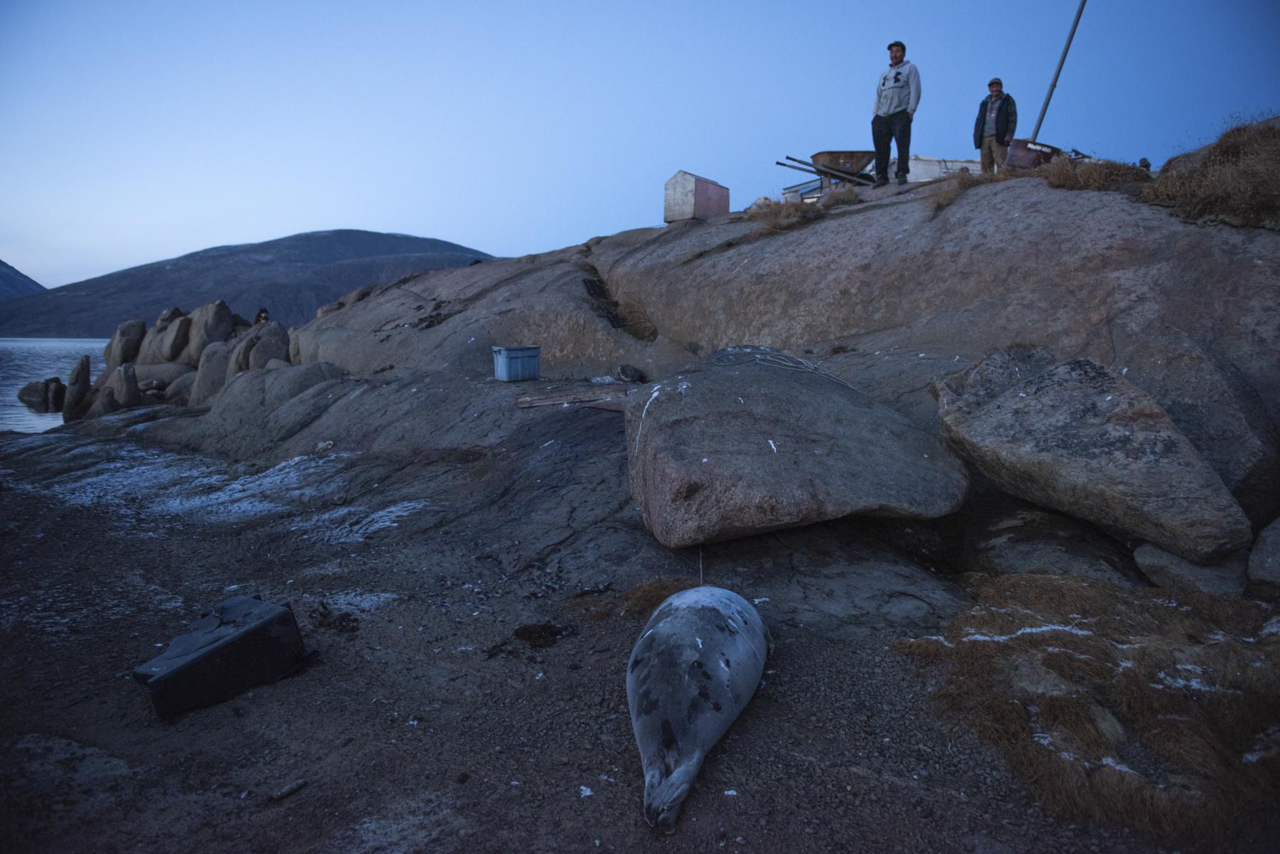 The Hunt for Healthy Food - Residents of Pangnirtung, Nunavut stand at the shoreline...