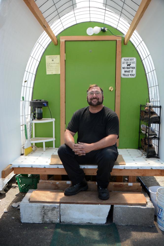 Phil and his Conestoga Hut, August 2013