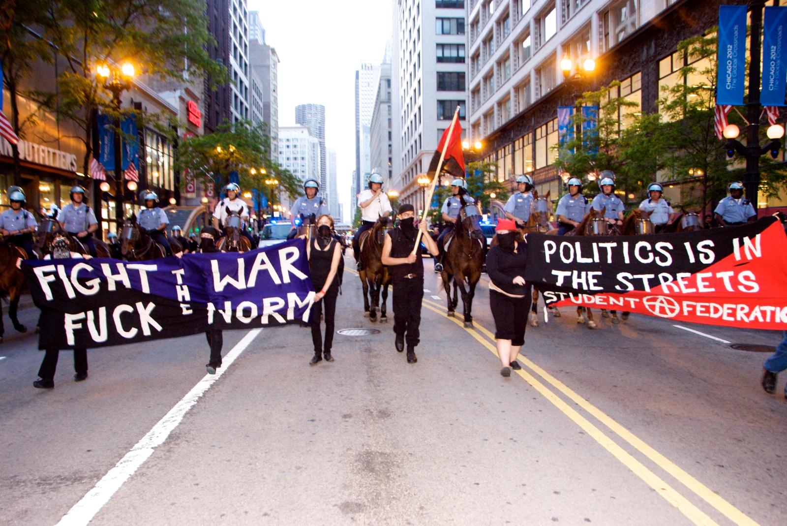 Police Line Follows Anarchists, No NATO Protests Chicago, May 2012