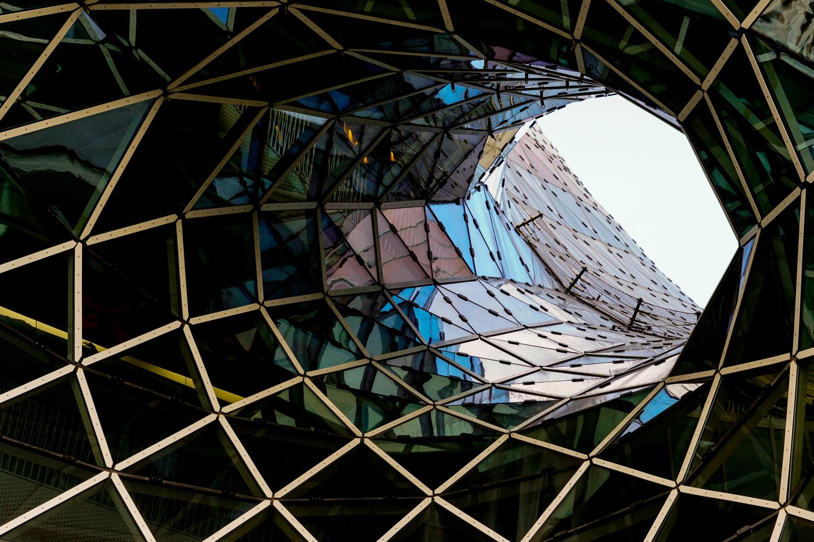  Frankfurt, Germany&nbsp;  # 3867 3/2023 MyZeil shopping centre with the spectacular hole in the façade. The surrounding is reflected in the glass panes.The Zeil is a street in the city centre of Frankfurt, one of the most famous shopping streets in Germany.