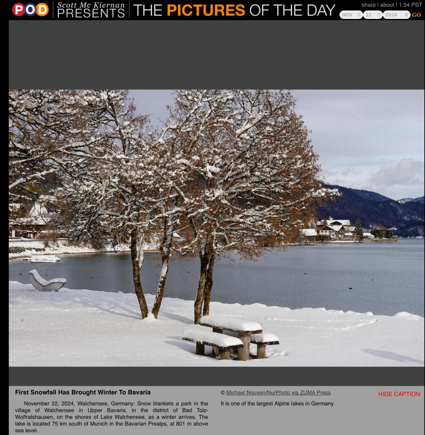 Scott Mc Kiernan has selected Michael Nguyen's photo 'First snowfall has brought winter to Bavaria' for ZUMA Press Picture of the Day on November 22, 2024