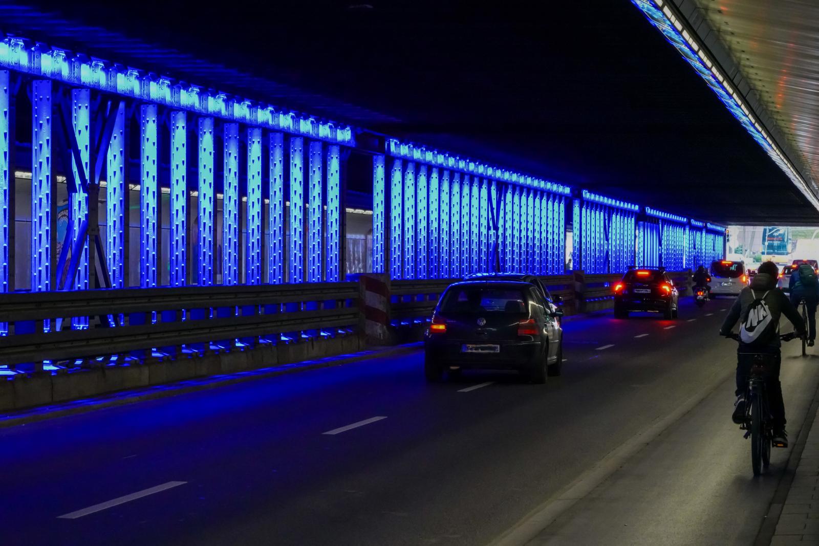 Noise absorbing Road Tunnel illuminated blue