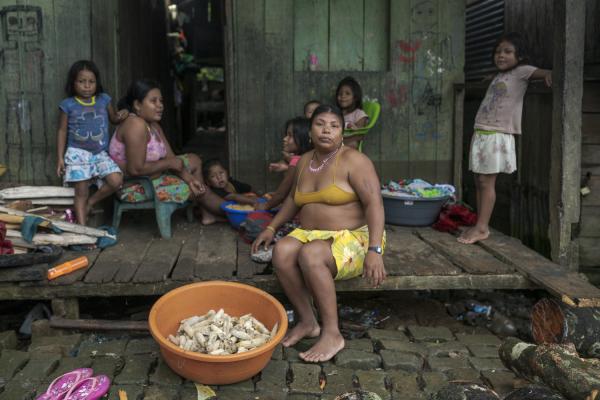 The violated territory, the isolation of the communities in Medio Atrato, Colombia - An Ember&aacute; indigenous family works with corn remains outside their home in the...