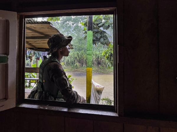 The violated territory, the isolation of the communities in Medio Atrato, Colombia - A Colombian Armed Forces soldier from the Pacific region guards the streets of the small...