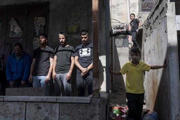 Funeral in West Bank - A group of men pray during the funeral of Ibrahim Zayad who was shot by the Israeli army....