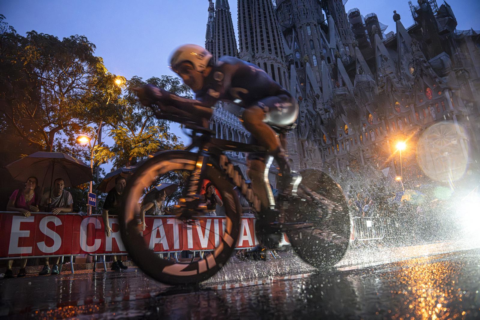 Image from DAILY NEWS - A member of the Movistar Team, Canyon bikes, during the...
