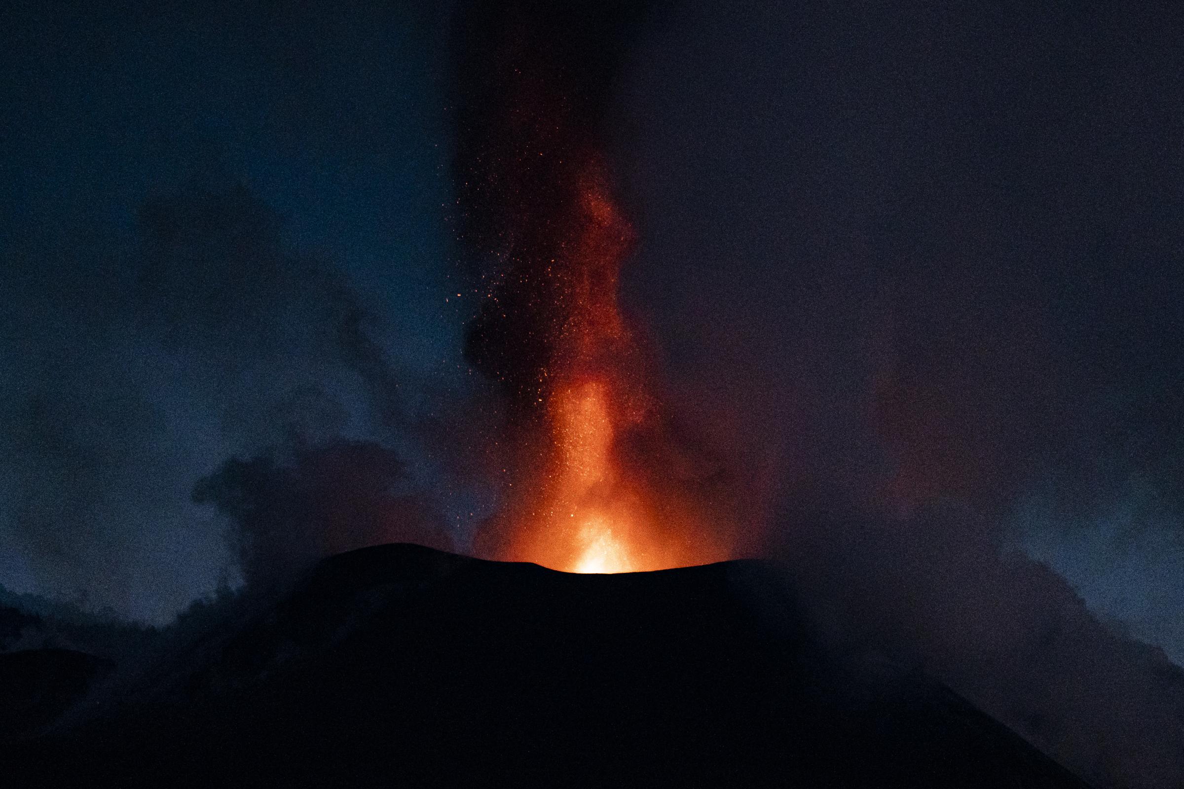 The Cumbre Vieja volcano on the island of La Palma (Canary Islands) spits lava from its main...