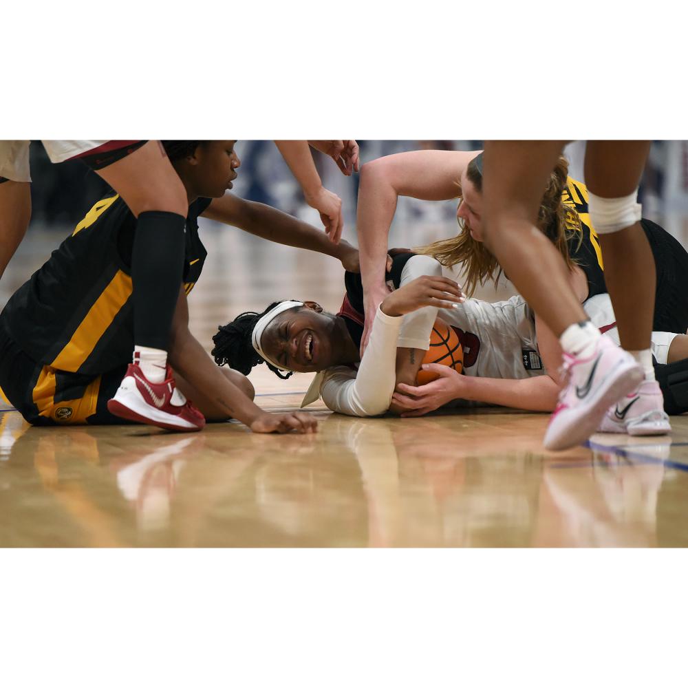 Elauna Eaton struggles to keep possession of the ball on Thursday, March 3, 2022 at Bridgestone Arena in Nashville. This was Eaton&#39;s first full season with Arkansas, after an ACL injury during her freshman year.