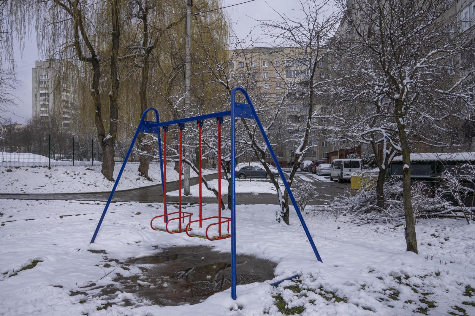 A playground in front of apartm...the Sykhiv district of Ukraine.